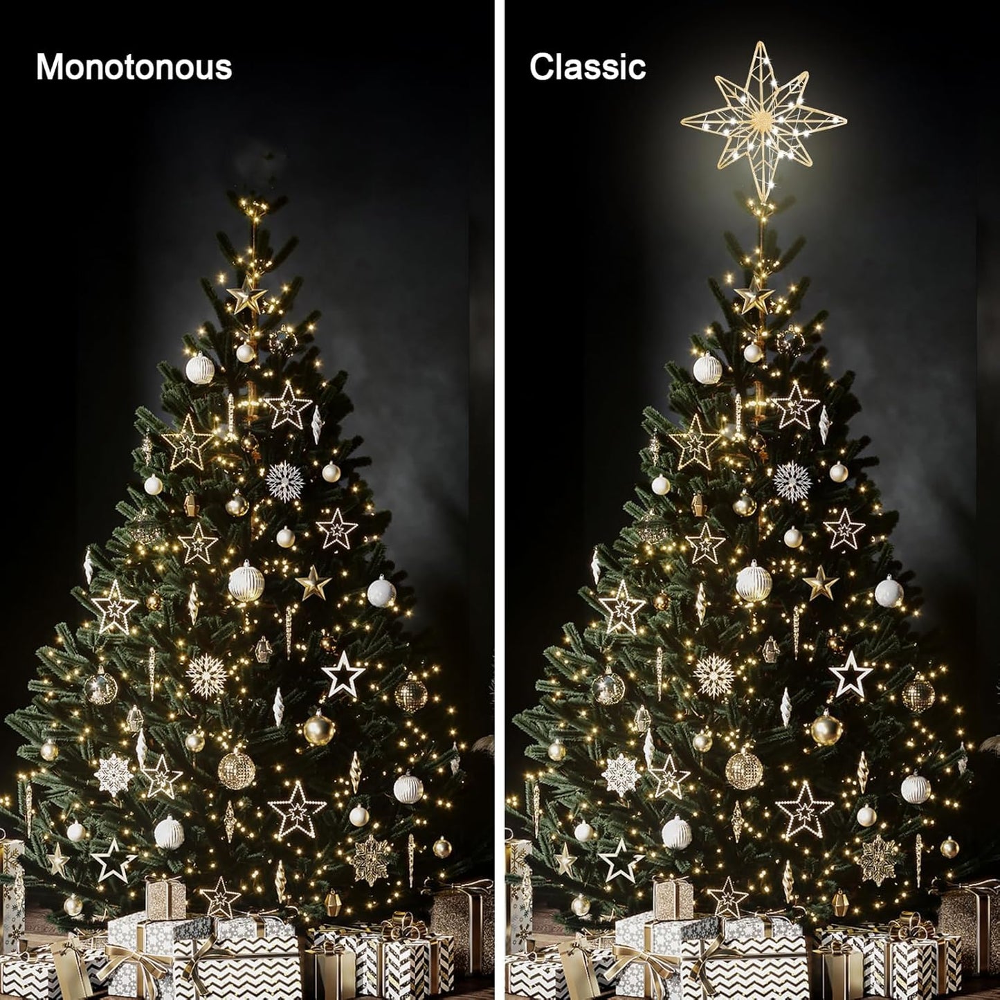 hogardeck Christmas Tree Topper, 11 Inches Lighted Gold Glittered 8-Point Star Tree Topper, 30 LED