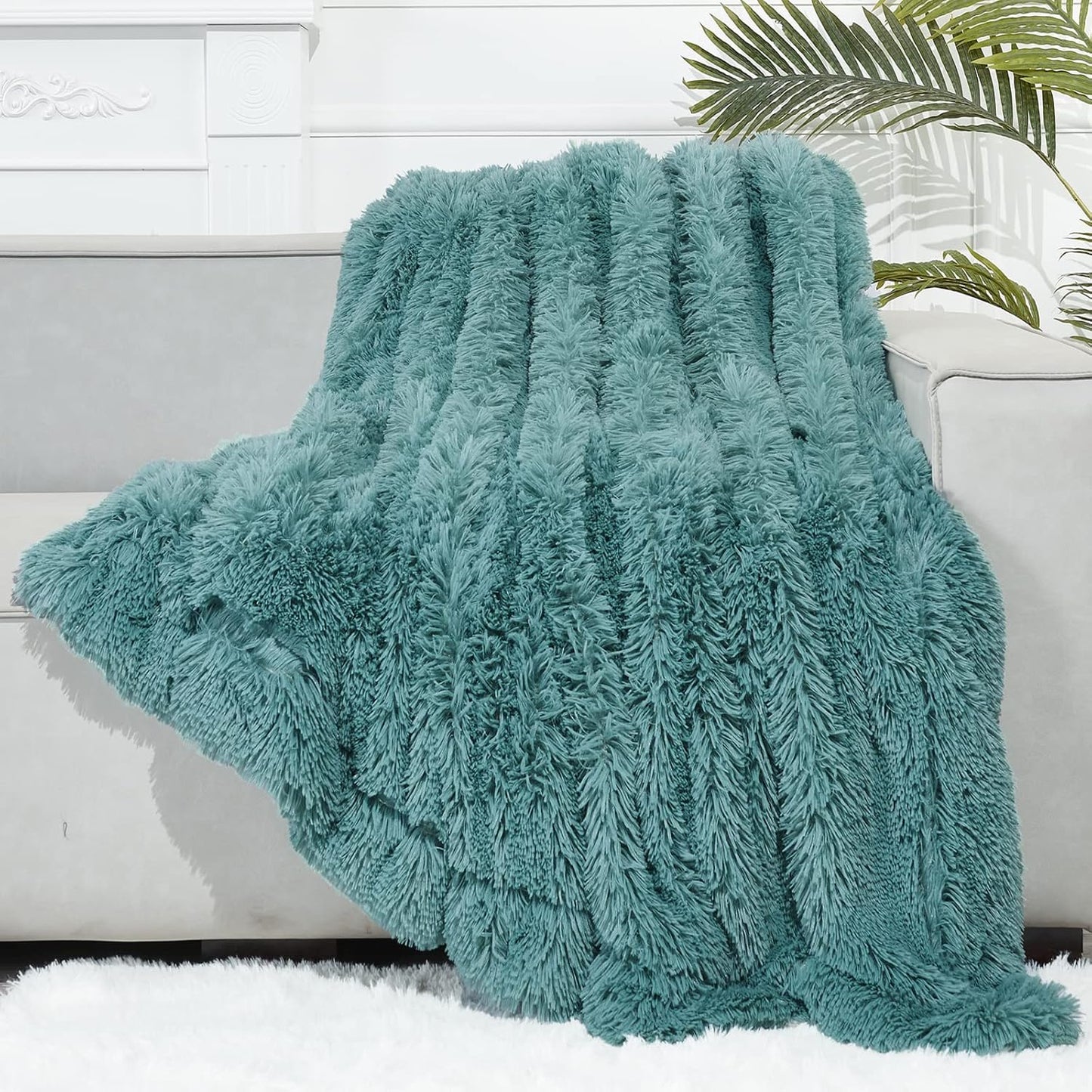GONAAP Fuzzy Faux Fur Throw Blanket Light Teal Super Soft Cozy Plush Fuzzy Shaggy Blanket for Couch