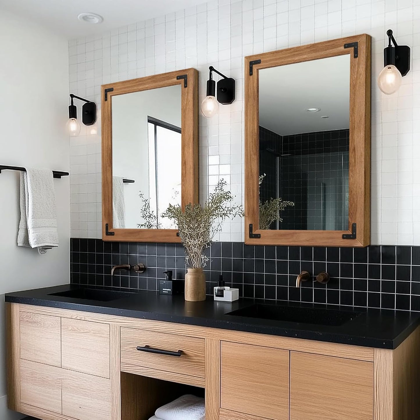 Bathroom Mirror for Wall with Wooden Frame, 20"x28" Solid Wood Vanity Mirror for Farmhouse