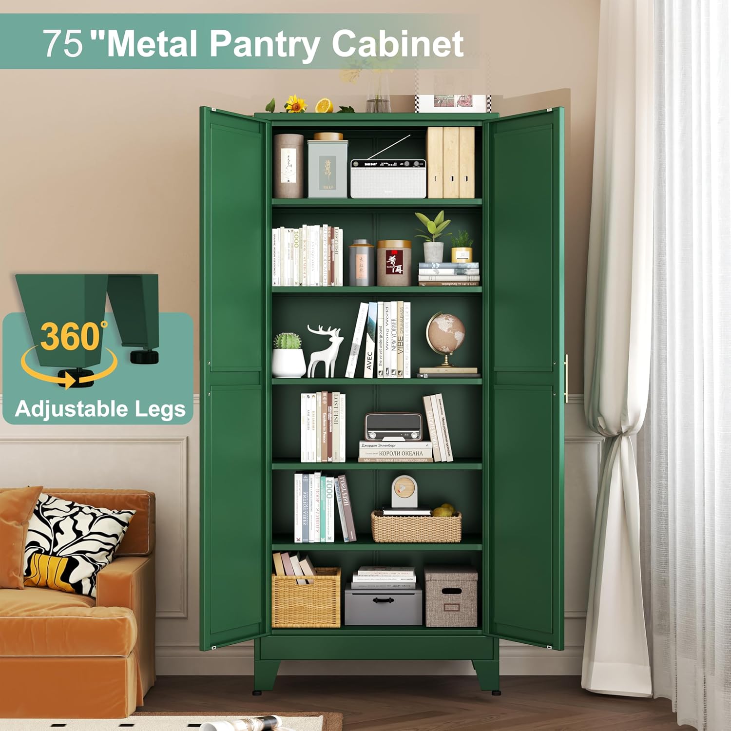 Metal Pantry Cabinet with 2 Doors and 5 Adjustable Shelves, 75" Kitchen Storage Cabinet with Gold