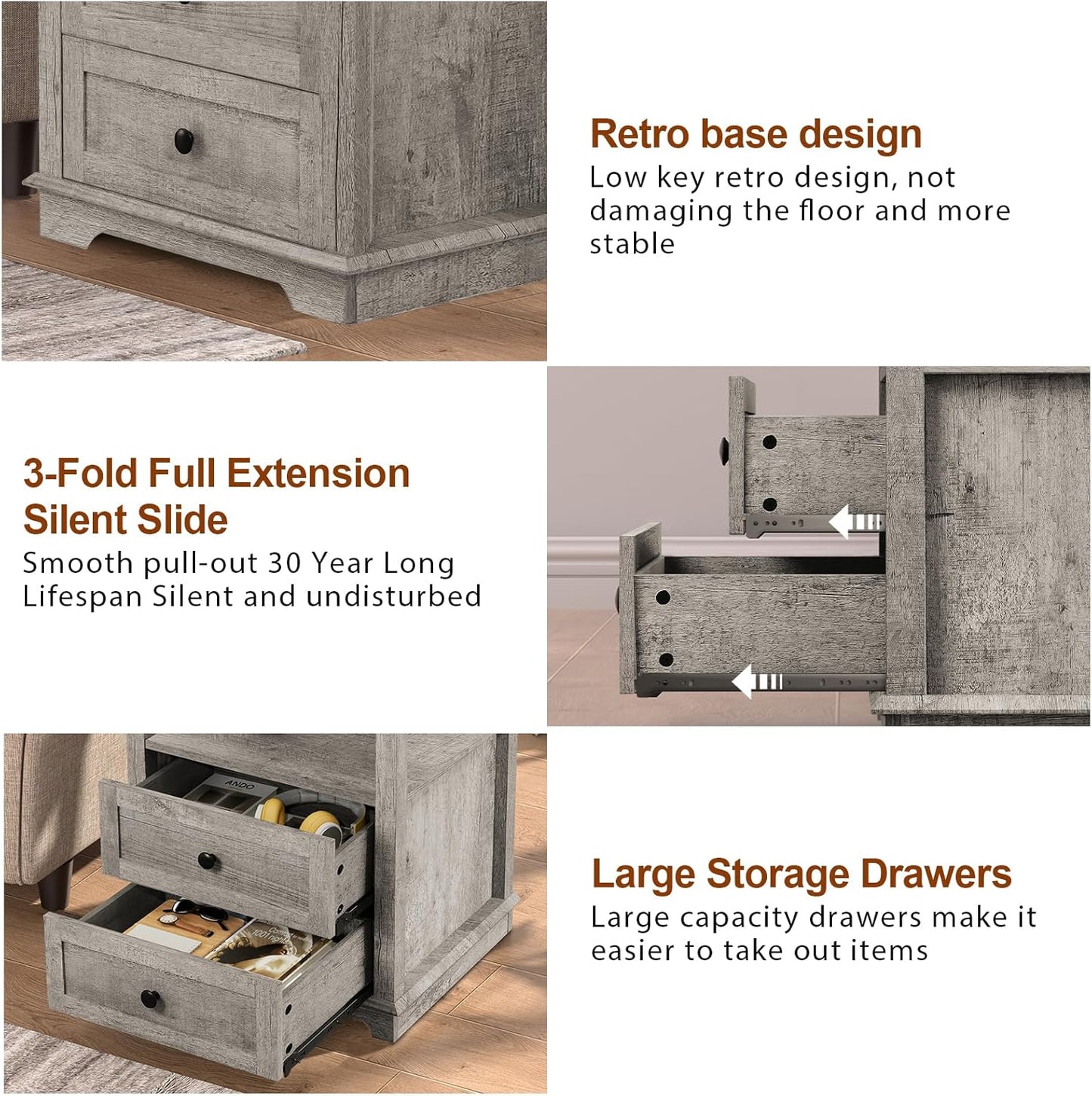 HIFYOBRO Large End Table Set of 2, 2 Drawers and Hidden Charging Station, Type-C & USB Port & Power