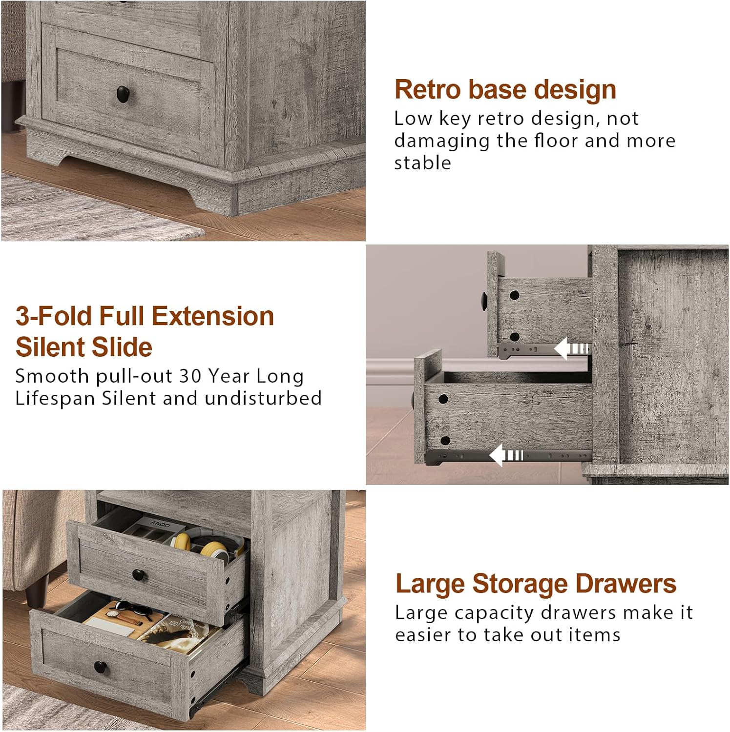 HIFYOBRO Large End Table Set of 2, 2 Drawers and Hidden Charging Station, Type-C & USB Port & Power