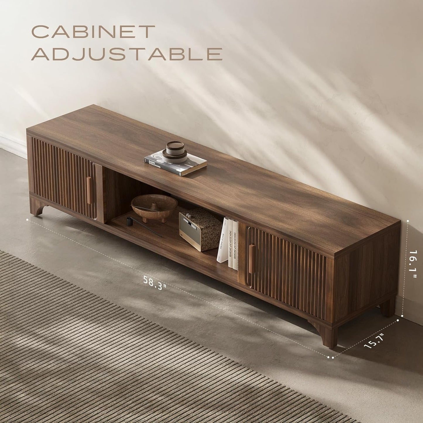 Mid Century Modern TV Stand for 55/65 Inches Television Console with Fluted Doors and Storage