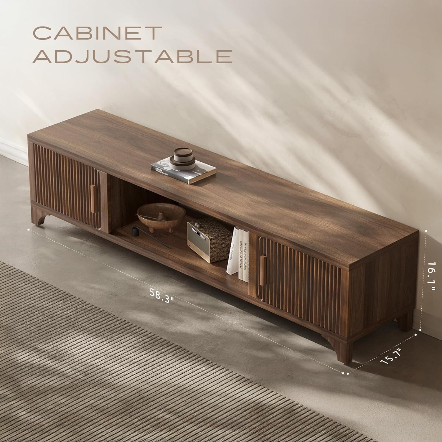 Mid Century Modern TV Stand for 55/65 Inches Television Console with Fluted Doors and Storage