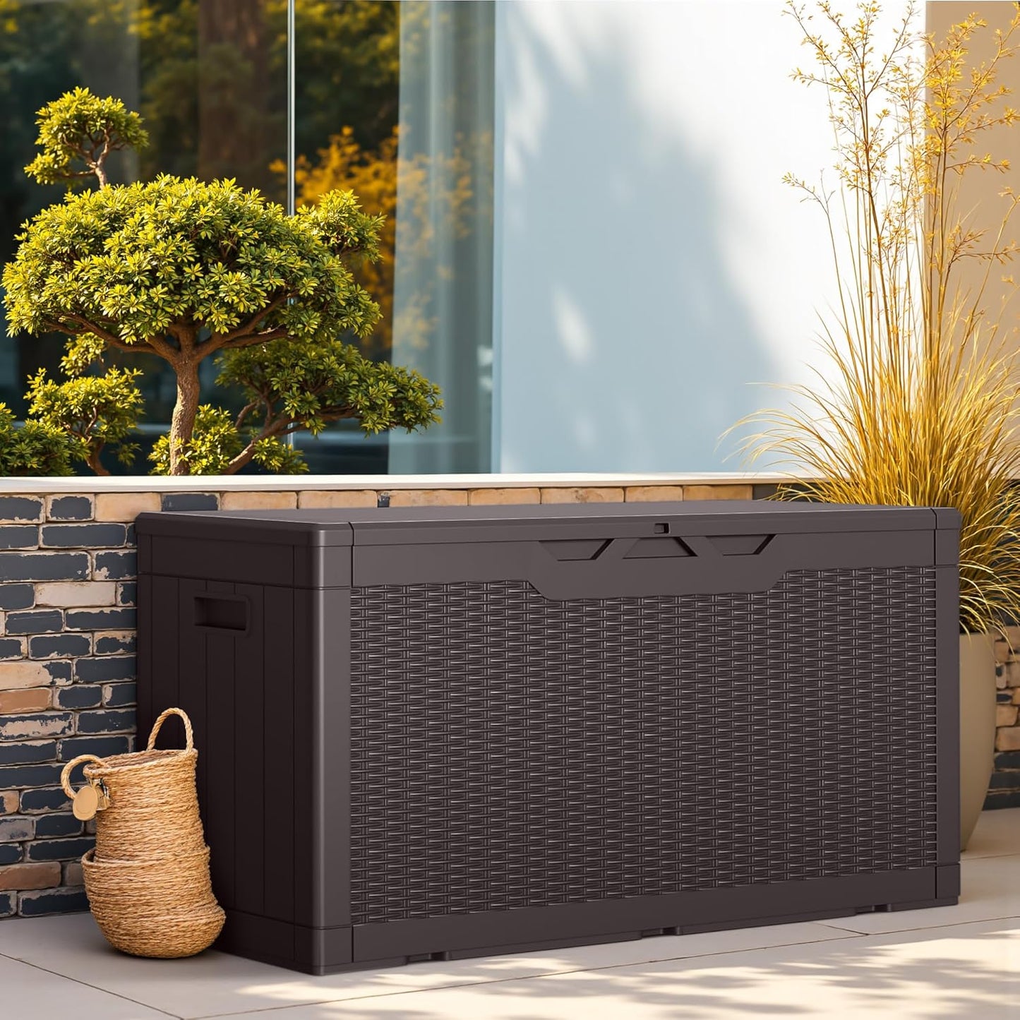 Greesum 100 Gallon Resin Deck Box Lockable Large Outdoor Storage Boxes for Garden Tools, Patio