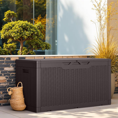 Greesum 100 Gallon Resin Deck Box Lockable Large Outdoor Storage Boxes for Garden Tools, Patio