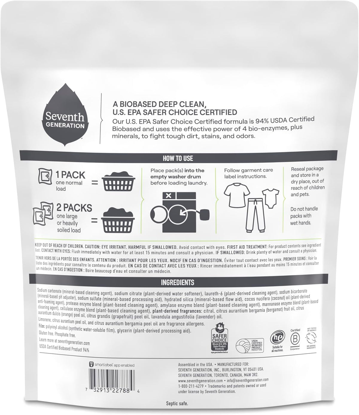 Seventh Generation Laundry Detergent Packs, Ultra Power+, Clean Scent, EPA Safer Choice Certified