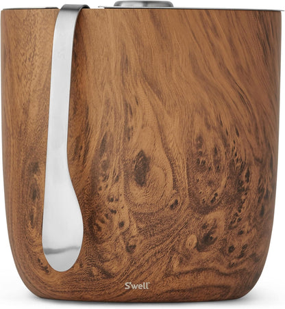 S’well Stainless Steel Ice Bucket with Tongs, 68oz Capacity, Teakwood Finish, Triple-Layer Vacuum