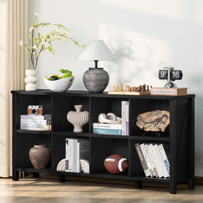 8 Cube Book Shelf, Farmhouse Wood Long Storage Organizer Bookcase, 62" Horizontal Black Console