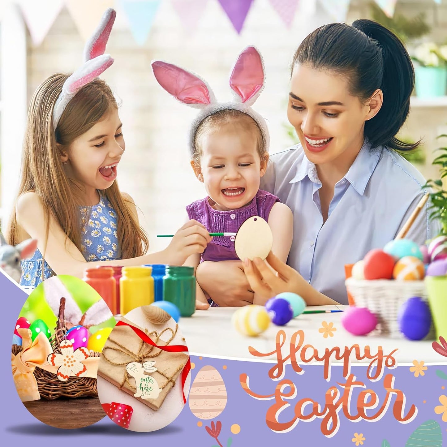 80PCS Wooden Easter Ornaments to Paint, 8 Styles DIY Blank Unfinished Wood Cutouts Ornament for