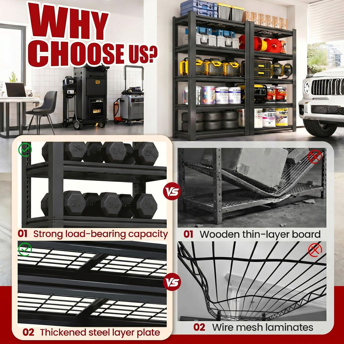 FOSTOKO 72" H Heavy Duty Garage Shelving, Metal Storage Shelves, 5 Tier Adjustable Storage Shelves