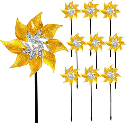 Hausse 10 Pack Reflective Pinwheels with Stakes, Extra Sparkly Pin Wheel for Garden Decor, Bird
