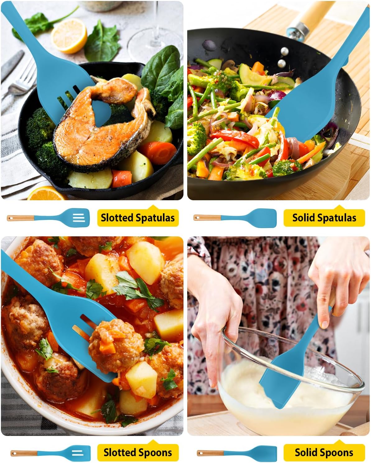 Pack of 4 Silicone Kitchen Utensils Set, Non Stick Solid Spatulas and Heat Resistant Slotted Spoons