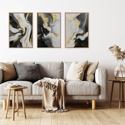 HLNIUC Abstract Gold and Black Framed Canvas Wall Art,Large Neutral Black and White Wall Decor Set