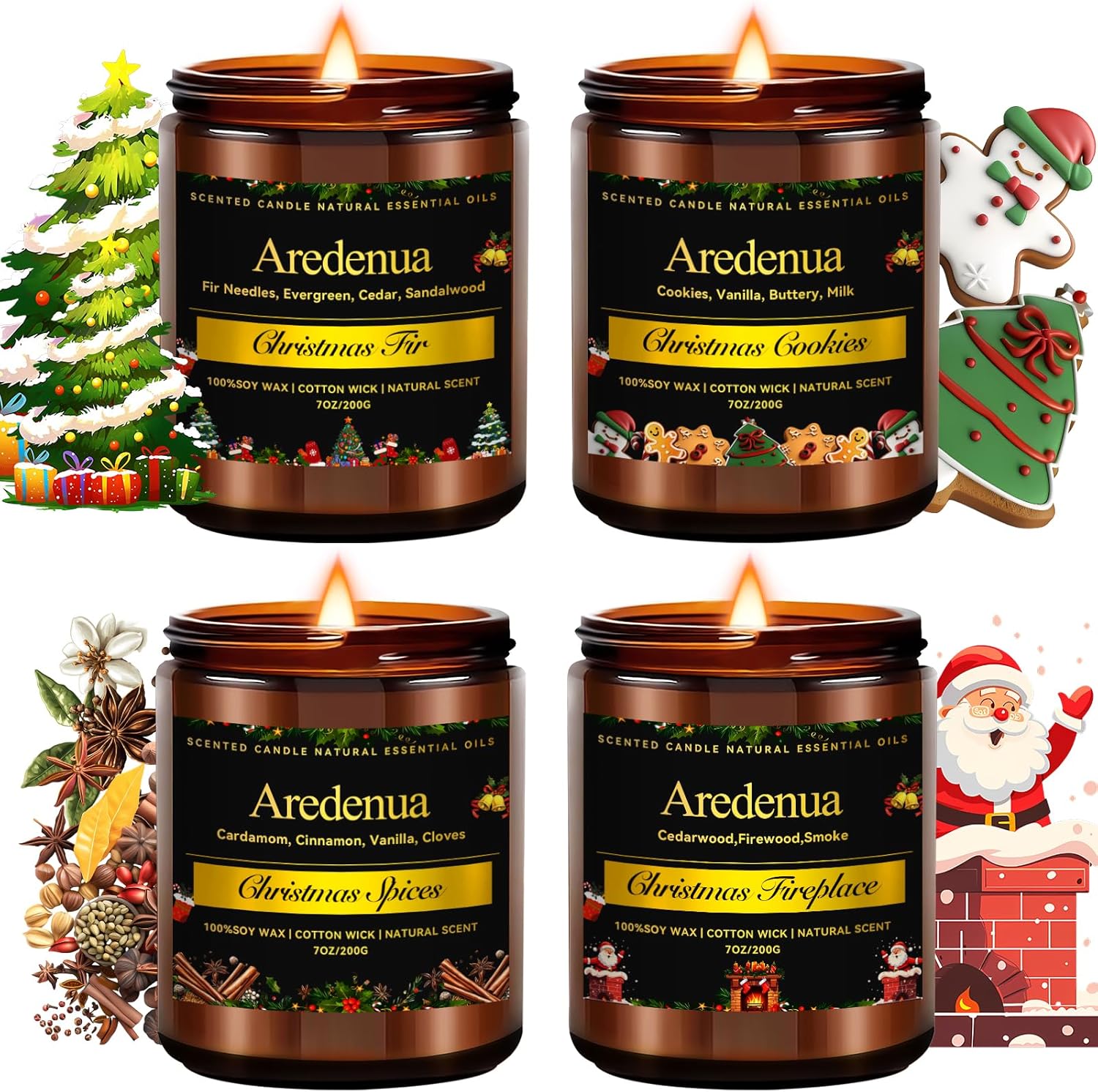 Christmas Candles Set | 4 Pack Winter Holiday Scented Candles, Soy Candles for Home Scented - Xmas