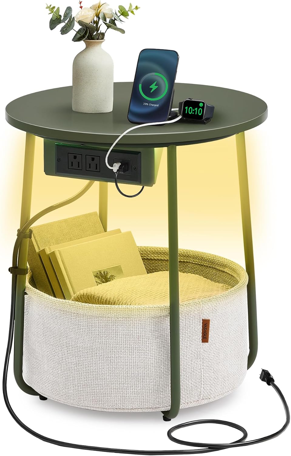 VASAGLE Side Table with Charging Station, Round End Table with Fabric Basket, LED Nightstand with