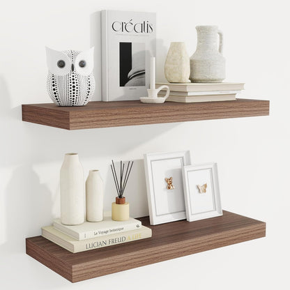 Fun Memories 24 Inch Floating Shelves for Wall, 9 Inch Deep Walnut Rustic Wood Wall Mounted Shelves