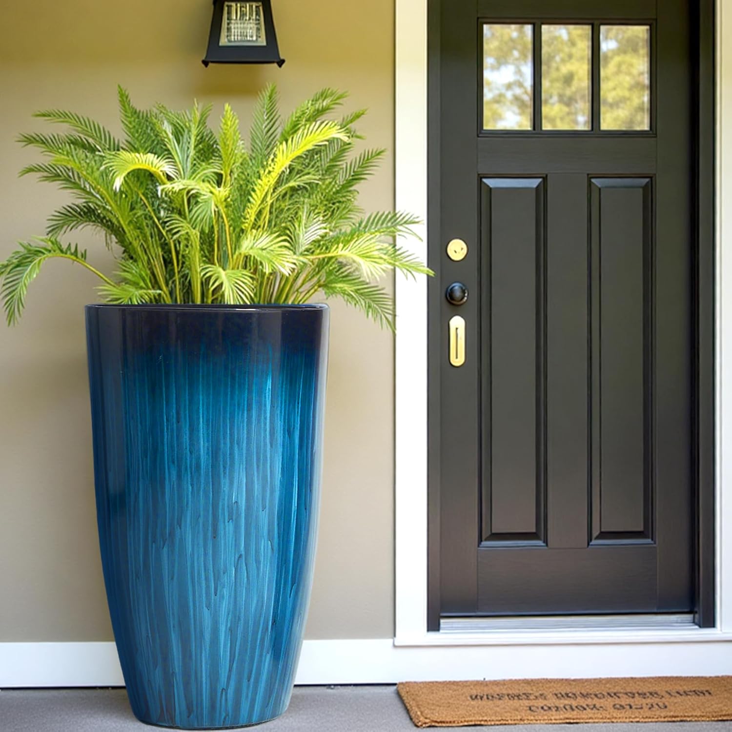 Worth Garden 20" H. Large Plastic Planters - Set of 2 Gradient Blue Glossy Smooth Finish - Tall