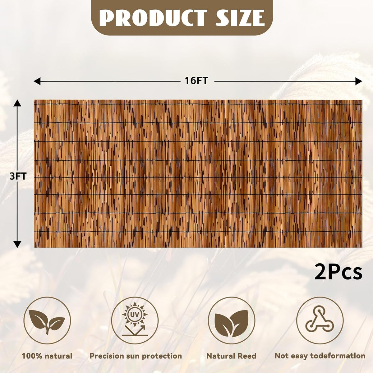 Bamboo Reed Fencing, Light Russet Bamboo Fence Rolls 3 Feet High, Decorative Reed Curtains Privacy