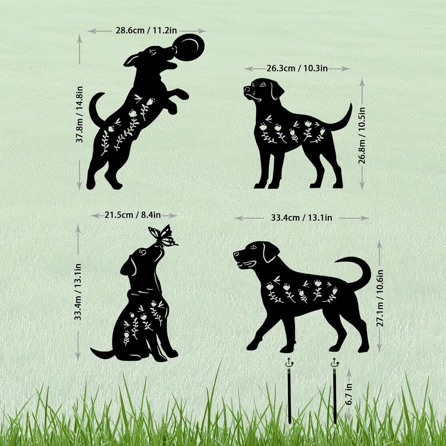 4 Pack Dog Metal Garden Decorative Stakes, Weather Proof Puppy Silhouette Statues for Yard