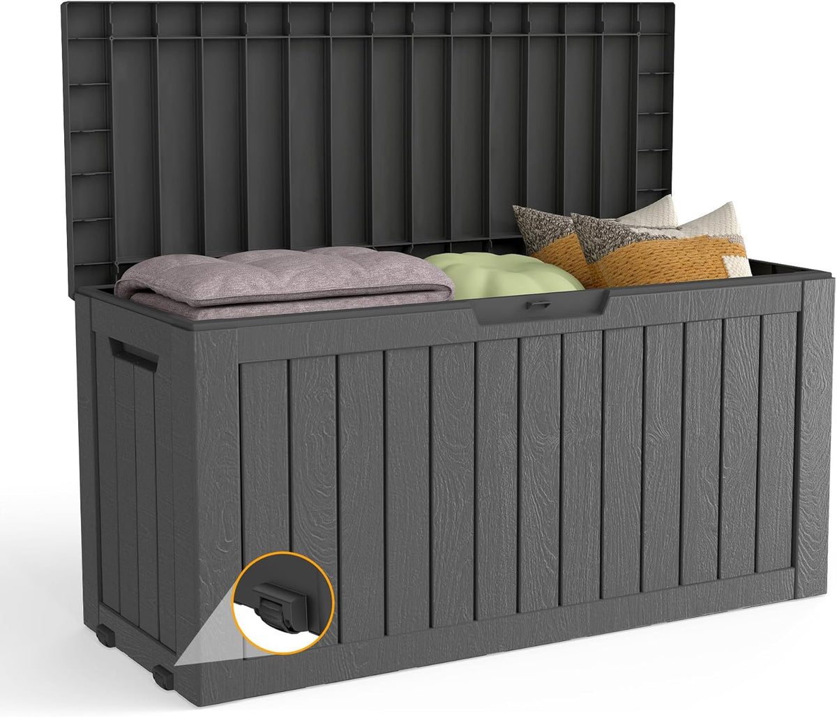 80 Gallon Outdoor Storage Box with Wheels, Waterproof Lockable Resin Deck Box Patio Storage Bin for