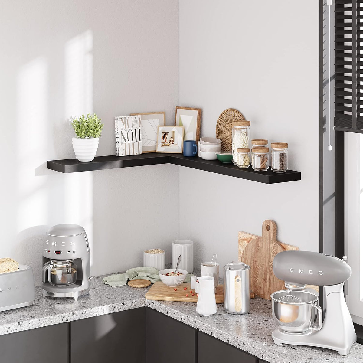 BAMEOS Floating Shelves, 31W x 8D Black Wall Mounted Wooden Shelves with Invisible Brackets Set of