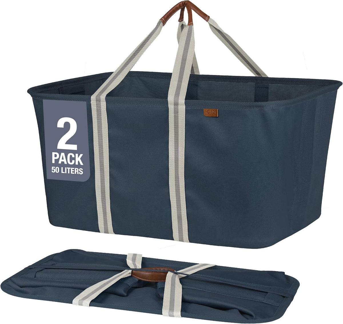 CleverMade Collapsible Laundry Tote - LUXE Navy Noir Cream 2Pack 50L - Foldable Storage