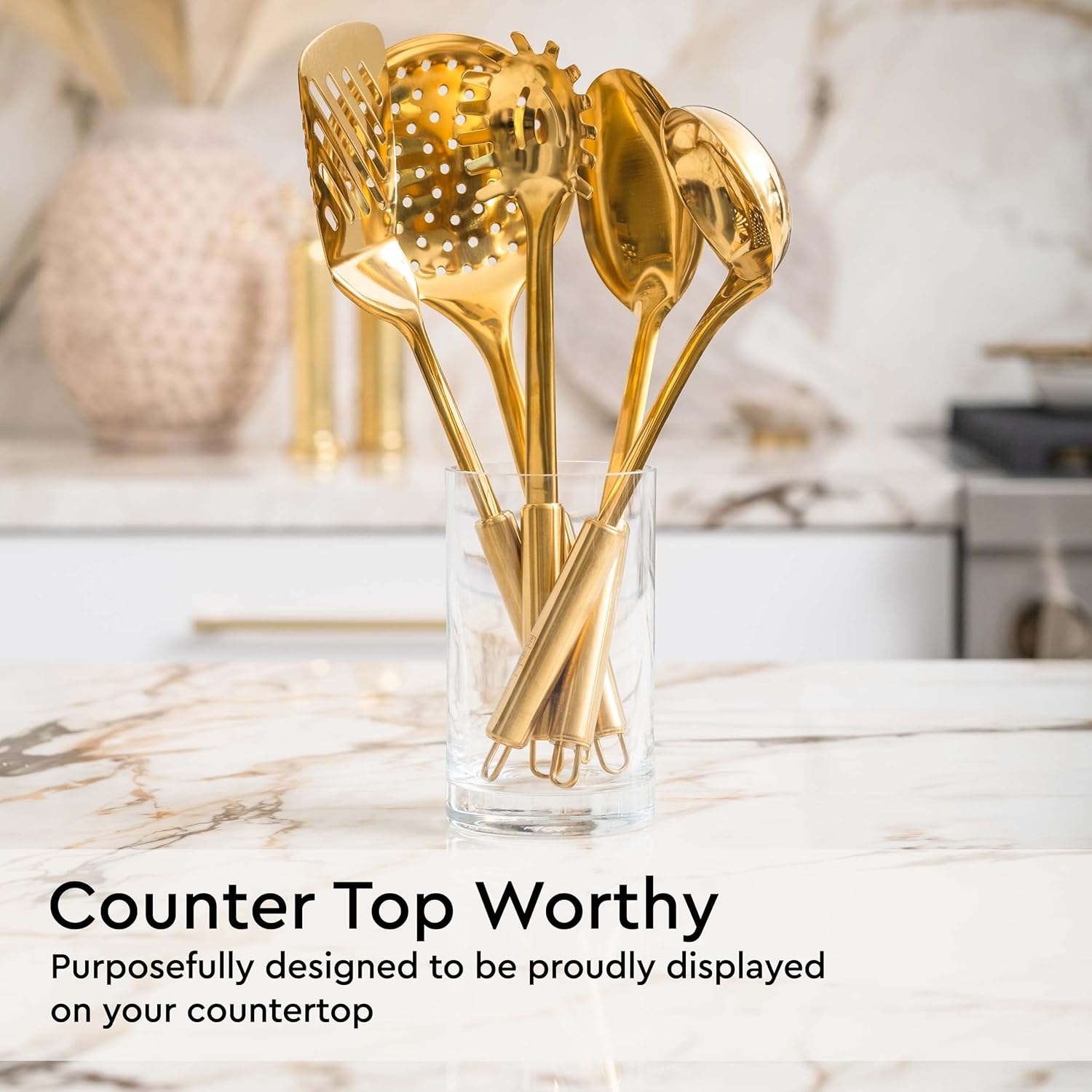 Gold Cooking Utensils Set – 5-Piece Stainless Steel Kitchen Tools for Modern Cooking and Serving