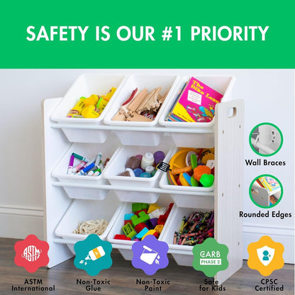 Humble Crew 9-Bin Toy Organizer – Hampton Sandwashed with White Plastic Bins, 3-Tier Storage