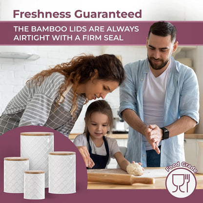 Pebble & Stem® White Metal Canister Set for the Kitchen Counter, Food Canister Set of 4, Airtight