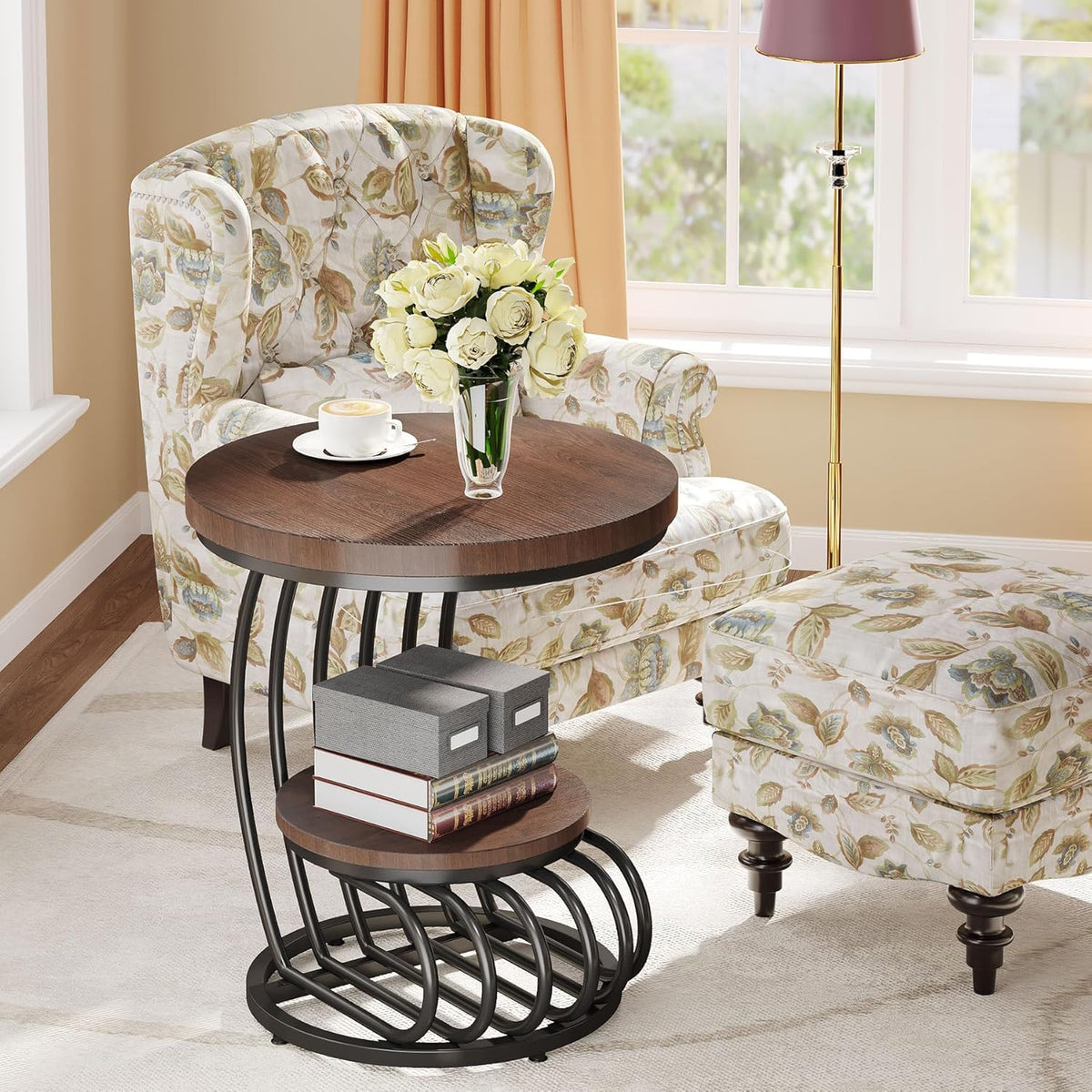 Tribesigns Round End Side Table: Side Table with 2 Tiers Storage Shelves, Vintage End Table for