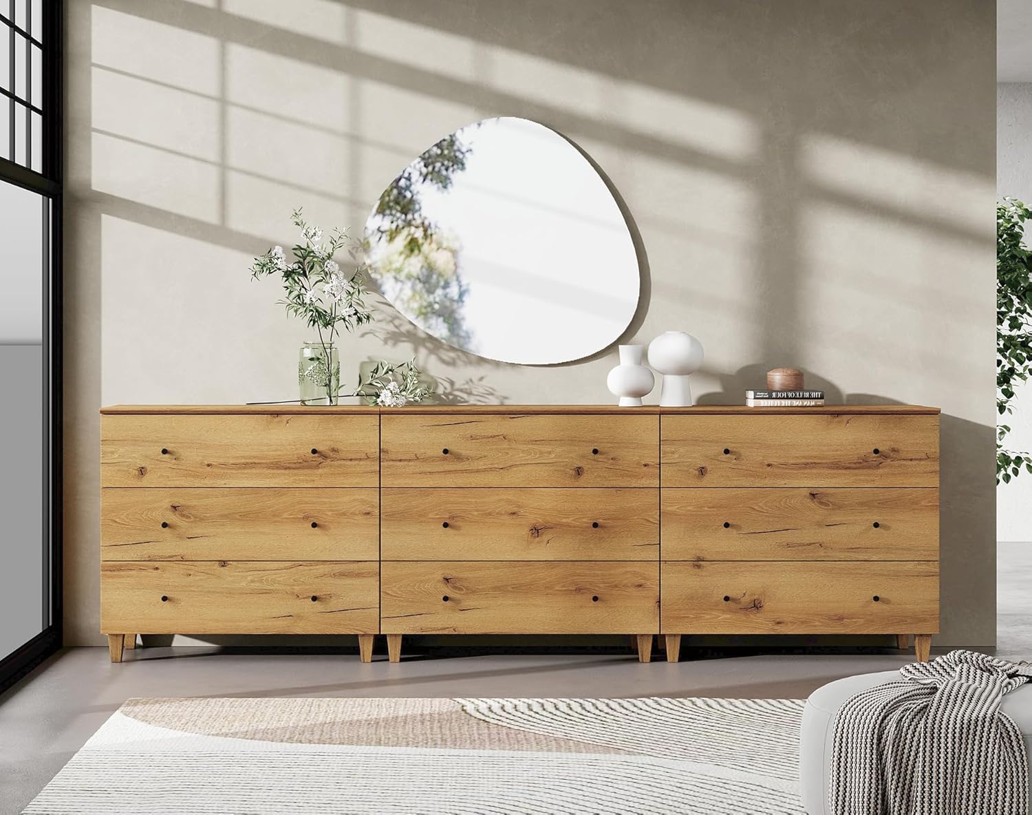 WAMPAT Dresser with 9 Drawers, Bedroom 3-in-1 Wide Wooden Chest of Drawers, Modern Long Dressers