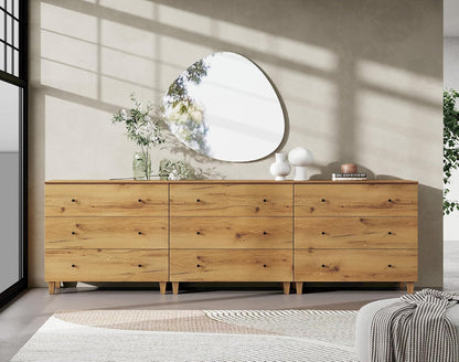 WAMPAT Dresser with 9 Drawers, Bedroom 3-in-1 Wide Wooden Chest of Drawers, Modern Long Dressers