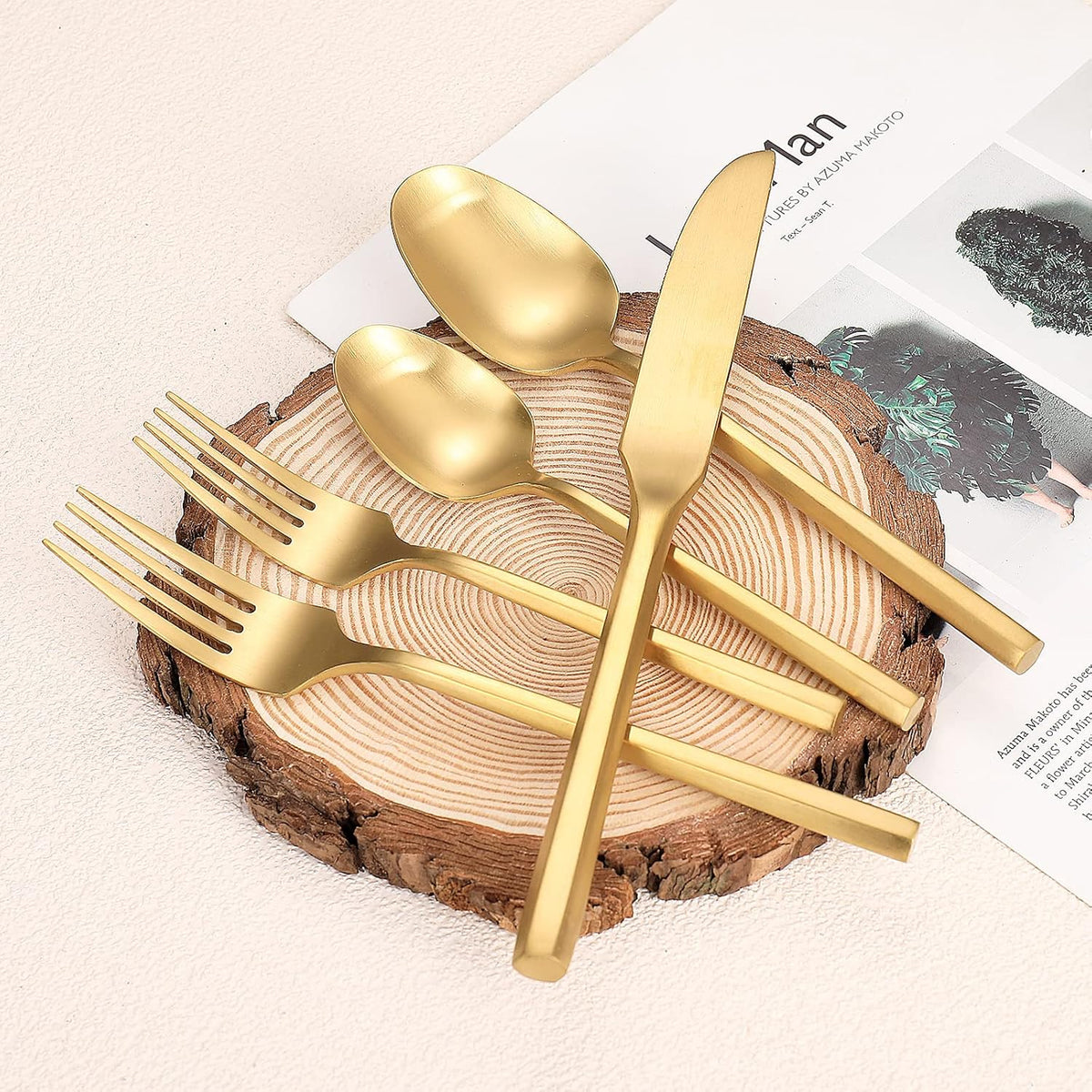 Matte Silverware Set Gold Flatware Set with Hexagon Handle 20 Pieces 18/0 Stainless Steel Cutlery