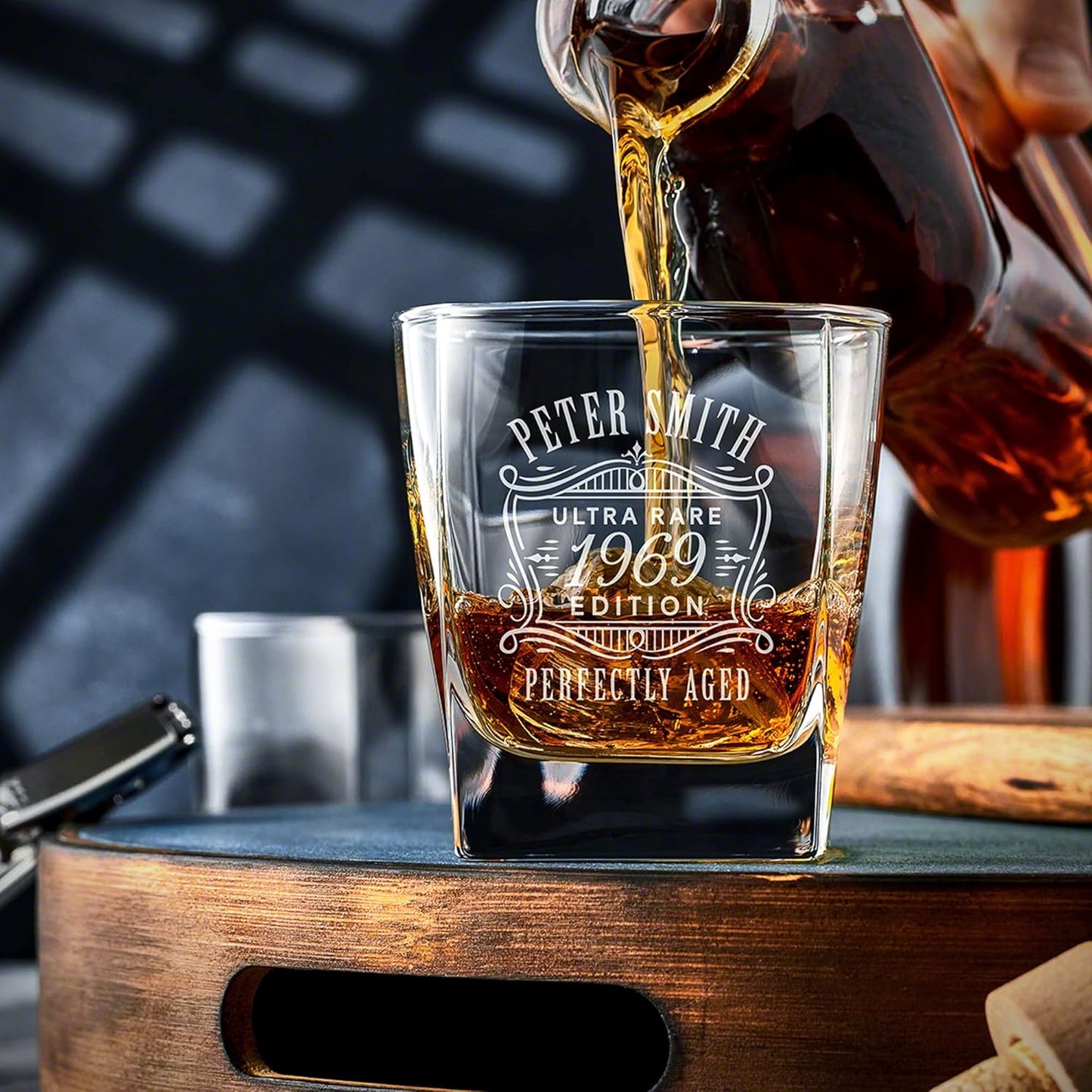 Personalized Whiskey Decanter Set with 4 Glasses and Custom Wood Box - 9 Design Options - Bourbon