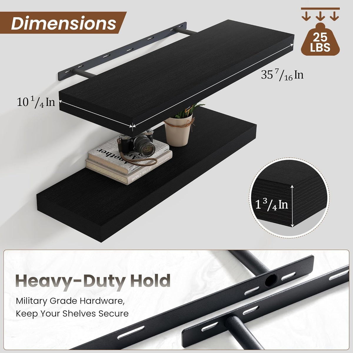 Heimlove 36 Inch Black Floating Shelves for Wall,10 Inch Deep Wood Shelves with Invisible