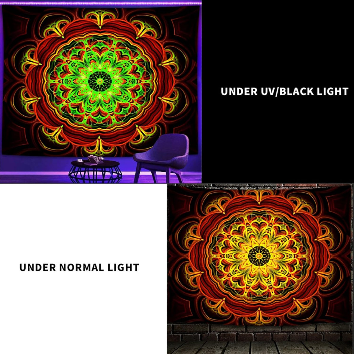 Blacklight Mandala Tapestry Wall Hanging, Psychedelic Black Light Posters for Adults and Teens, UV