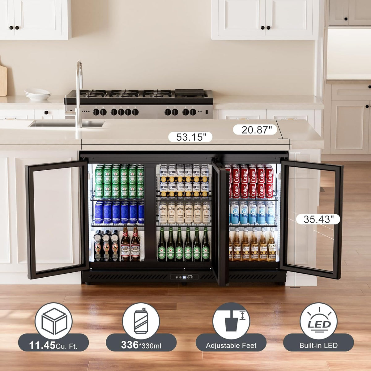 COTLIN 12.45 Cu.Ft Back Bar Beverage Cooler with Low-E Glass Auto Defrost ??3 Door Commercial Under