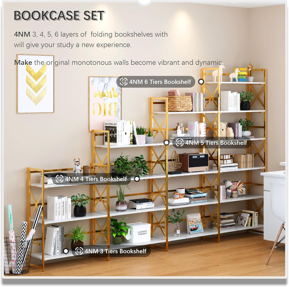 4NM 6 Tiers No Assembly Book Shelves, 61.8" H Folding Bookshelf Bookcase Open Industrial Foldable