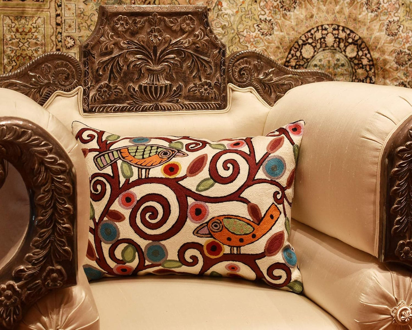 Lumbar Klimt Modern Pillow Cover | Cream, Multicolor Tree of Life, Birds, Floral Suzani Floral