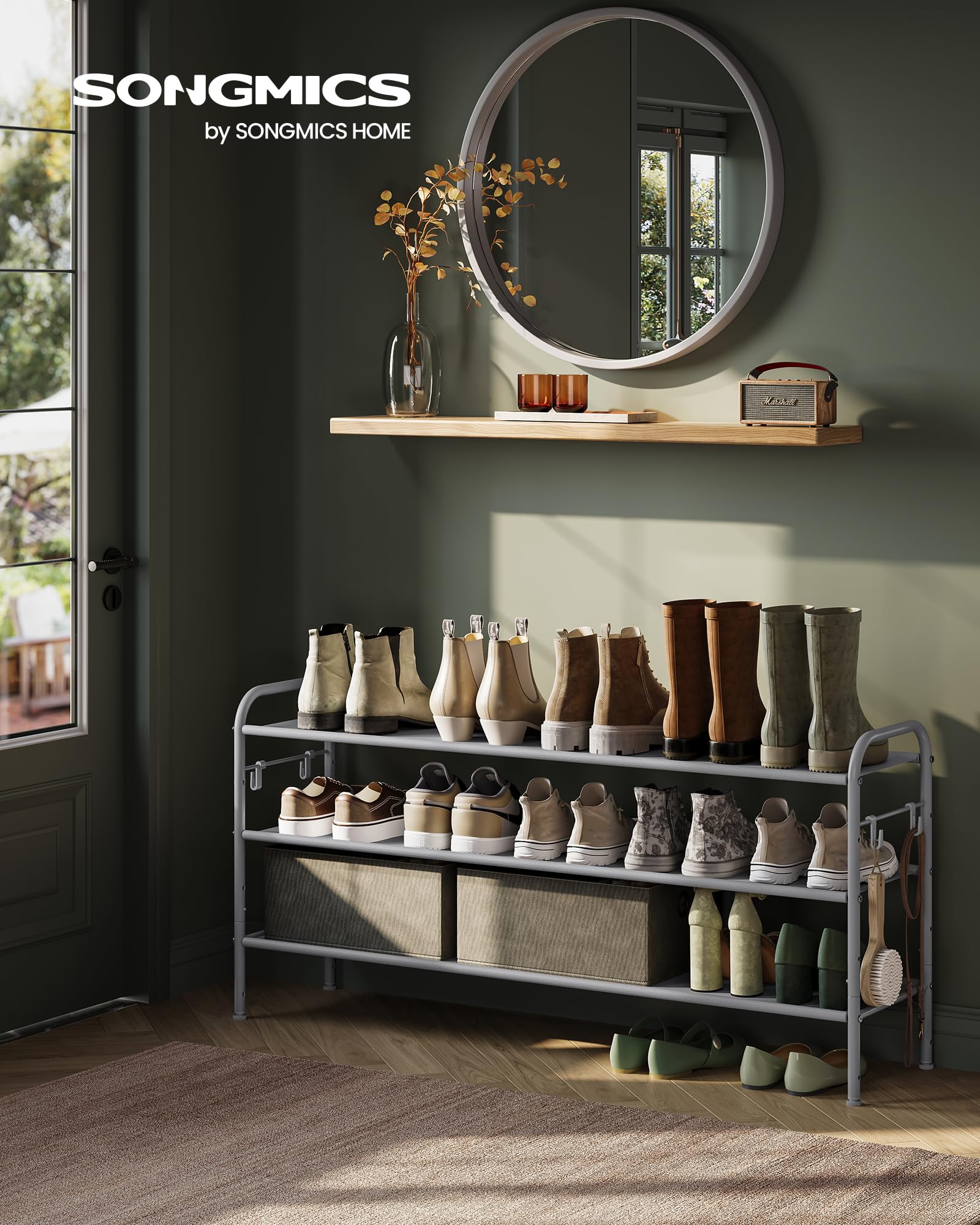 SONGMICS Shoe Rack, 3 Tier Shoe Organizer, Fabric Shoe Shelf Storage with 4 Hooks, Holds up to 18