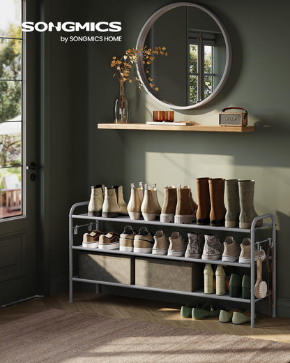 SONGMICS Shoe Rack, 3 Tier Shoe Organizer, Fabric Shoe Shelf Storage with 4 Hooks, Holds up to 18