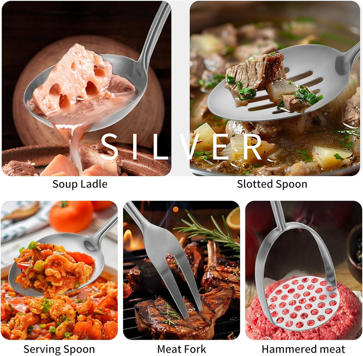 304 Stainlss Steel Kitchen Utensils Set, 12 Pcs Long Metal Cooking Utensil Gadgets Tools Set with