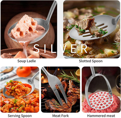 304 Stainlss Steel Kitchen Utensils Set, 12 Pcs Long Metal Cooking Utensil Gadgets Tools Set with
