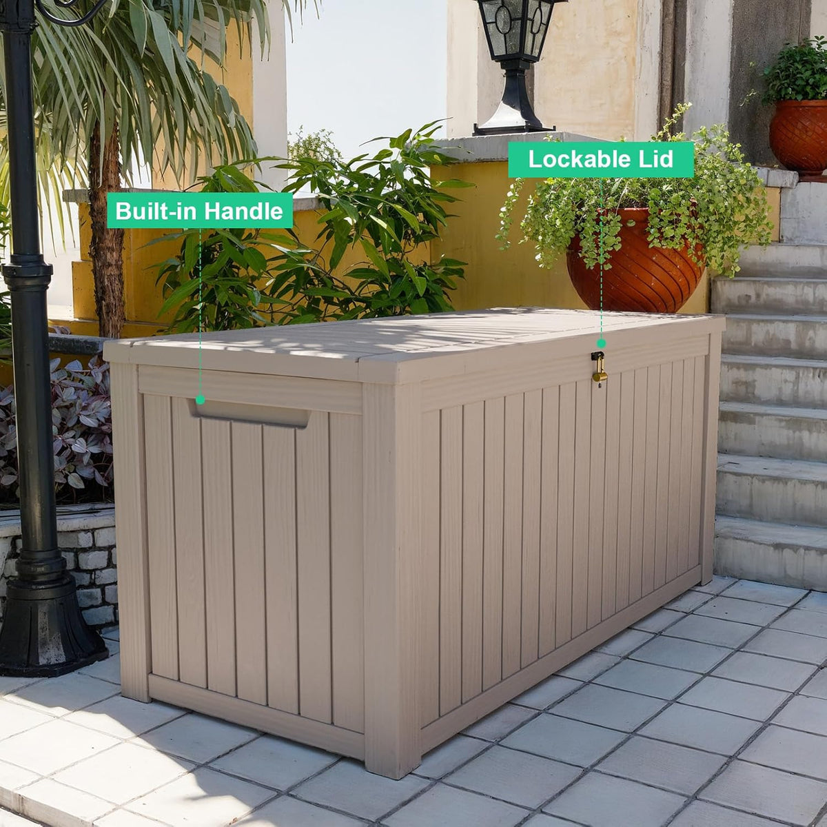 180 Gallon Resin Deck Box, Lockable Patio Outdoor Storage Box for Furniture, Garden Tools and Tools