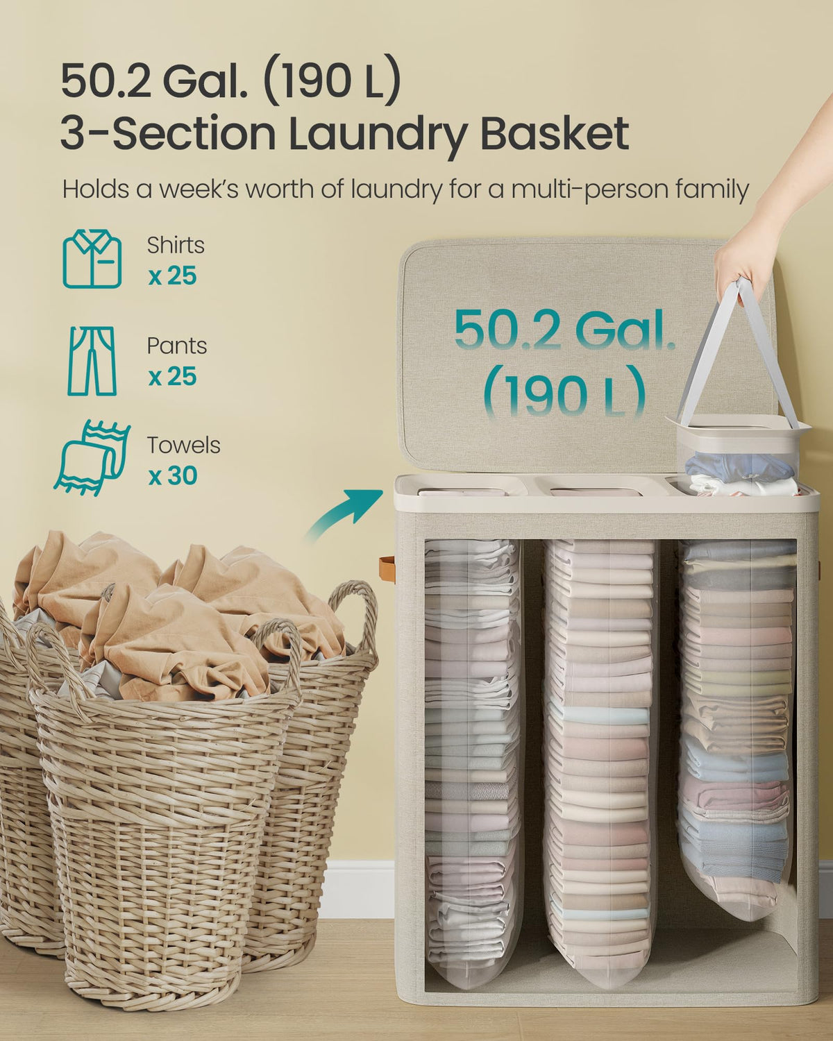 SONGMICS Laundry Basket, 50.2 Gal. Laundry Hamper, 3 Compartments, Easy Assembly, with Lid and