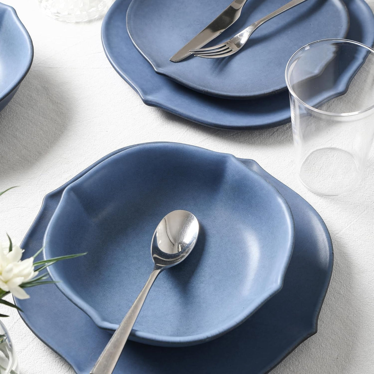Stone Lain Baskerville 32-Piece Dinnerware Set Stoneware, Borosilicate Glass, Blue