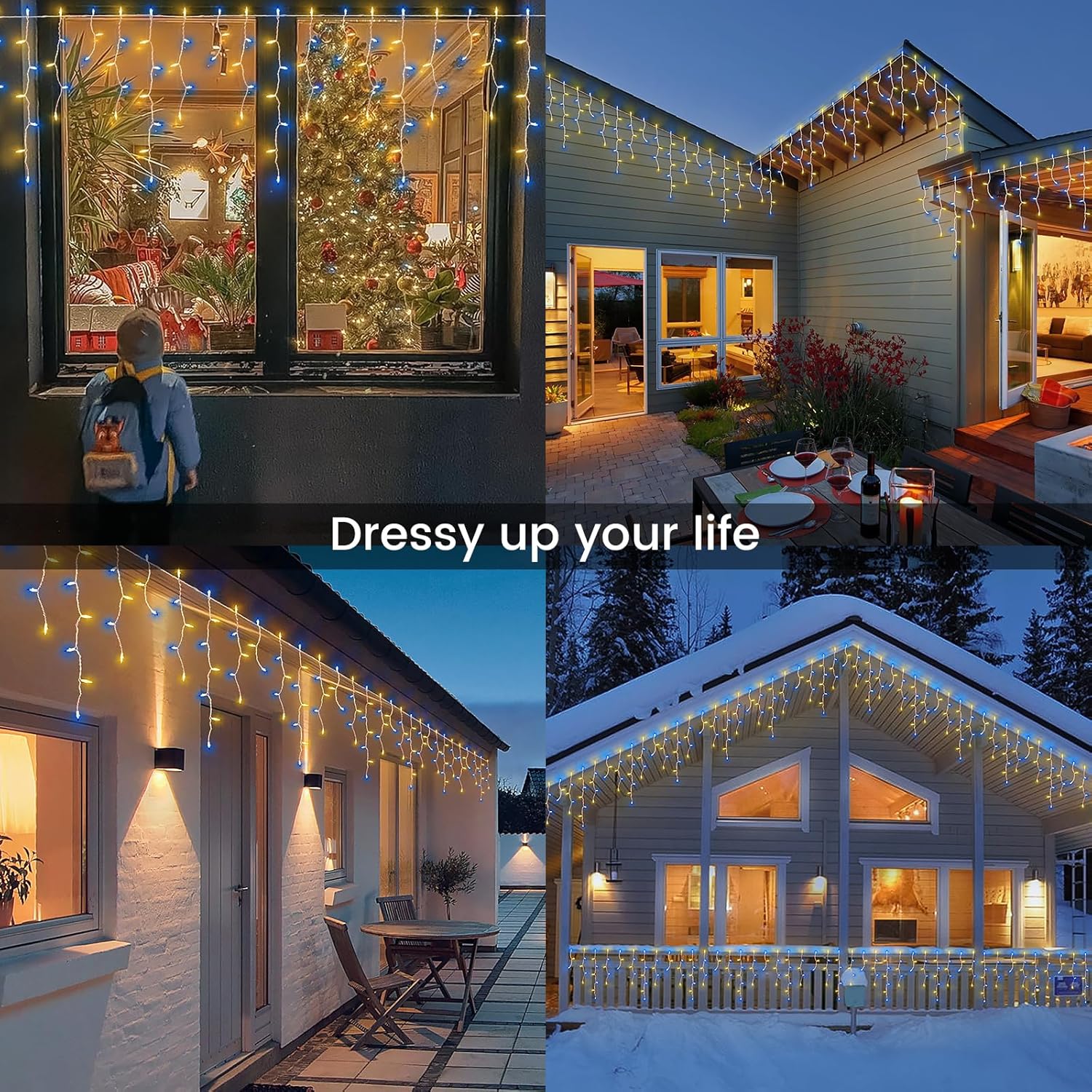 200ct Blue&Clear Mini Icicle Christmas Lights, 23FT White Wire Incandescent Bulb String Lights