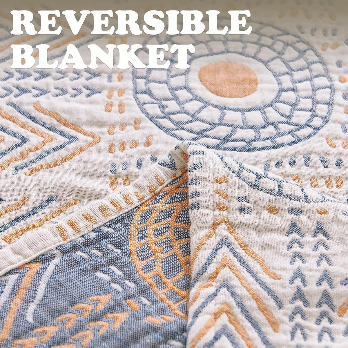 jinchan Boho 100% Cotton Muslin Queen Size 80x90 Throw Blanket Lightweight 4-Layer Orange