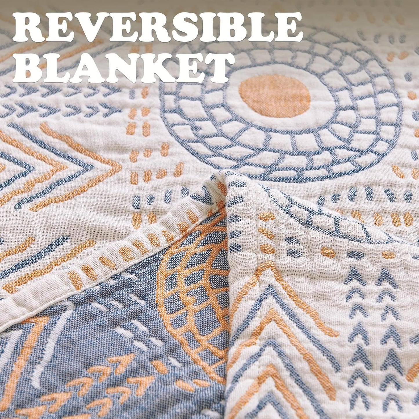 jinchan Boho 100% Cotton Muslin 50x60 Throw Blanket Lightweight 4-Layer Orange Multi Reversible